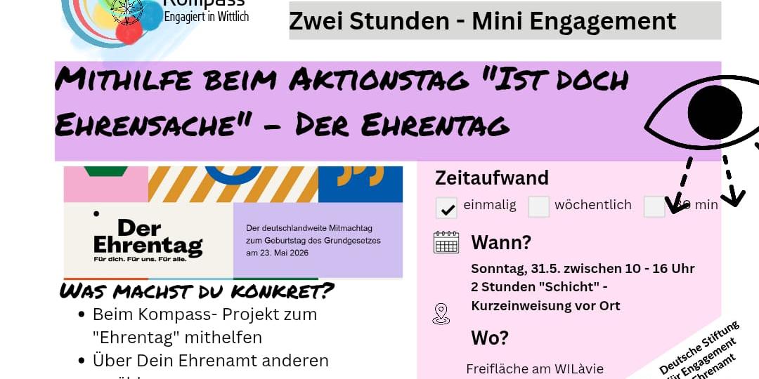 MITHILFE BEIM AKTIONSTAG 'IST DOCH EHRENSACHE' - DER EHRENTAG am 31. Mai 2026