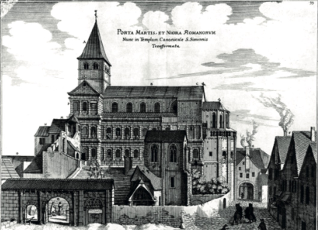 Caspar Merian, Porta Martis et Nigra Romanorum Nunc in Templum Canonicale S. Simeonis Transformata“ (Die Porta Nigra als St. Simeonskirche), Kupferstich, 1670. Stadtmuseum Simeonstift Trier