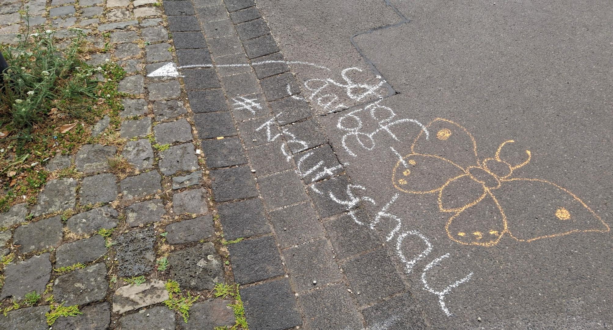 Foto zeigt auf Asphalt geschrieben 'Schafgarbe # Krautschau' u ein Pfeil weist auf die zwischen den Steinen des Randstreifens wachsende Schafgarbe