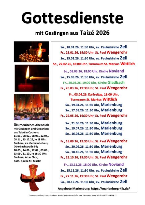 Buntes Plakat zu Gottesdienste mit Gesängen aus Taizé 2026