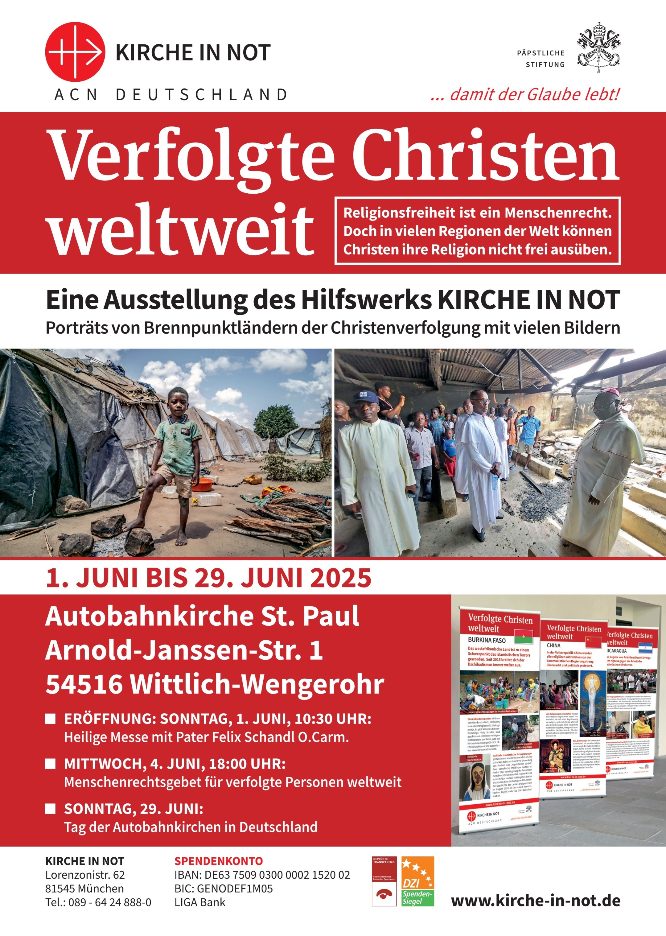 Plakat zu Ausstellung 'Verfolgte Christen weltweit' in Autobahnkirche Wittlich 1.-29. Juni 2025