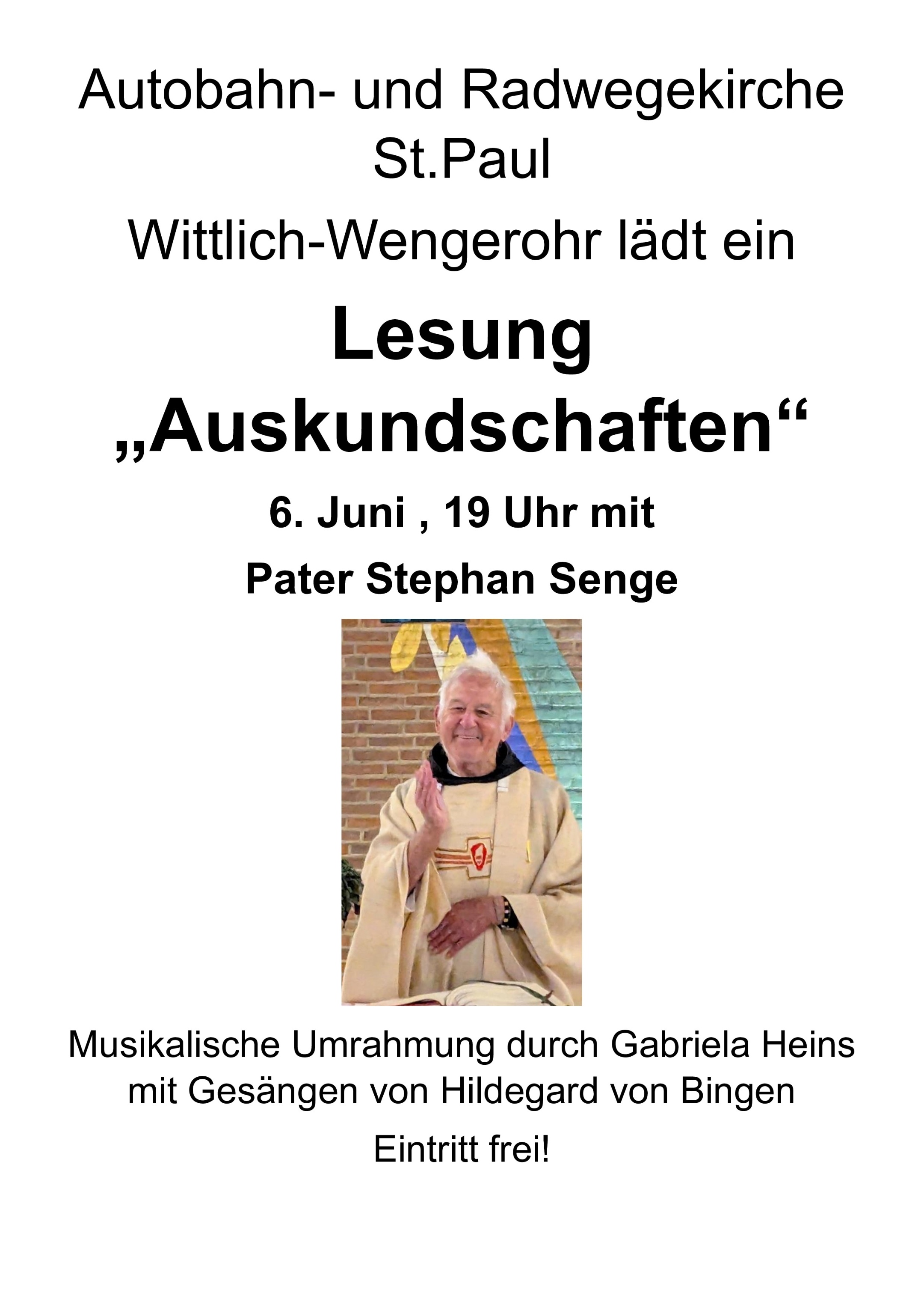 Plakat zu Lesung 'Auskundschaften' mit Pater Stephan Senge und Musik mit Gabriela Heins 6. Juni 2025